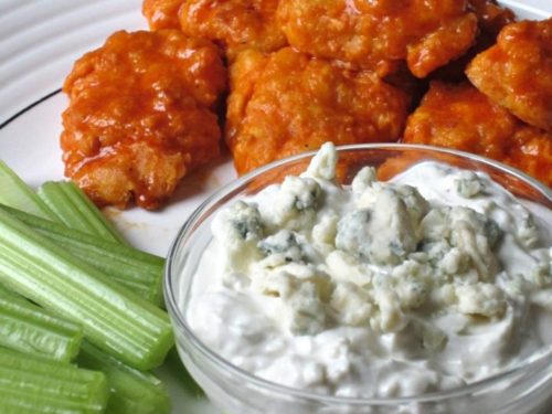 Crumbly Blue Cheese Dip with buffalo wings and celery
