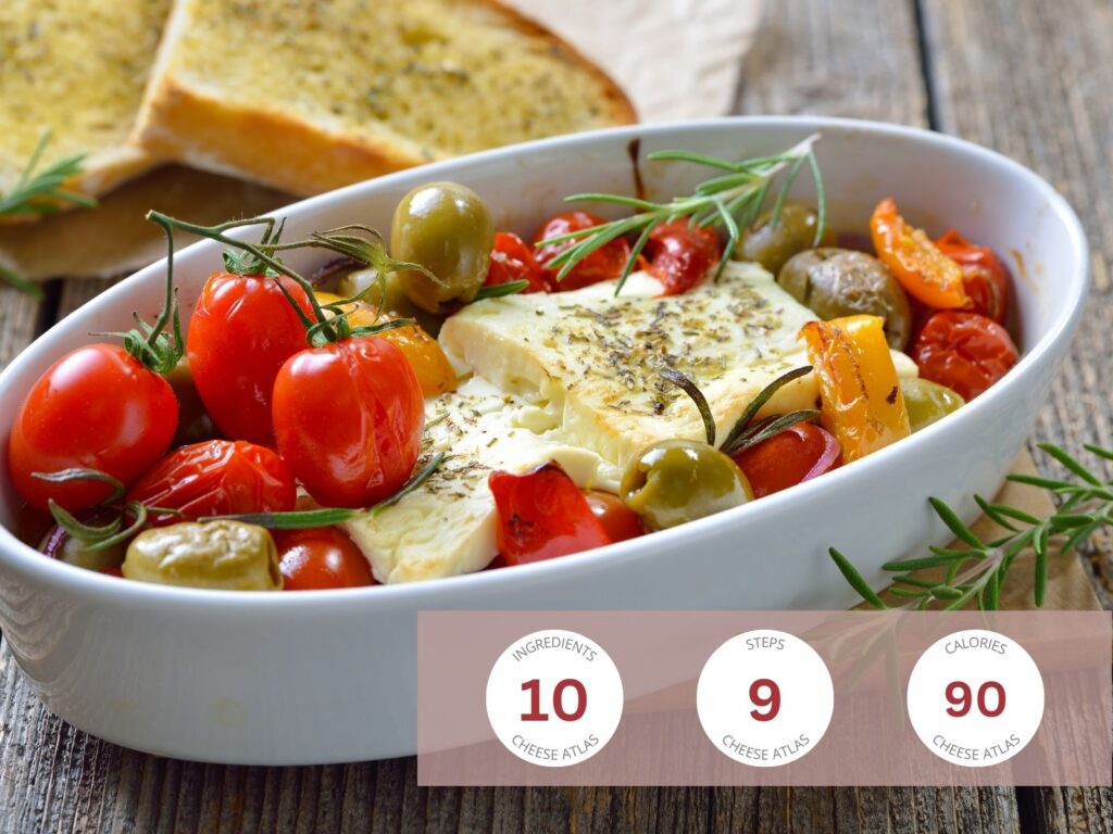Feature Baked Feta in a white baking dish
